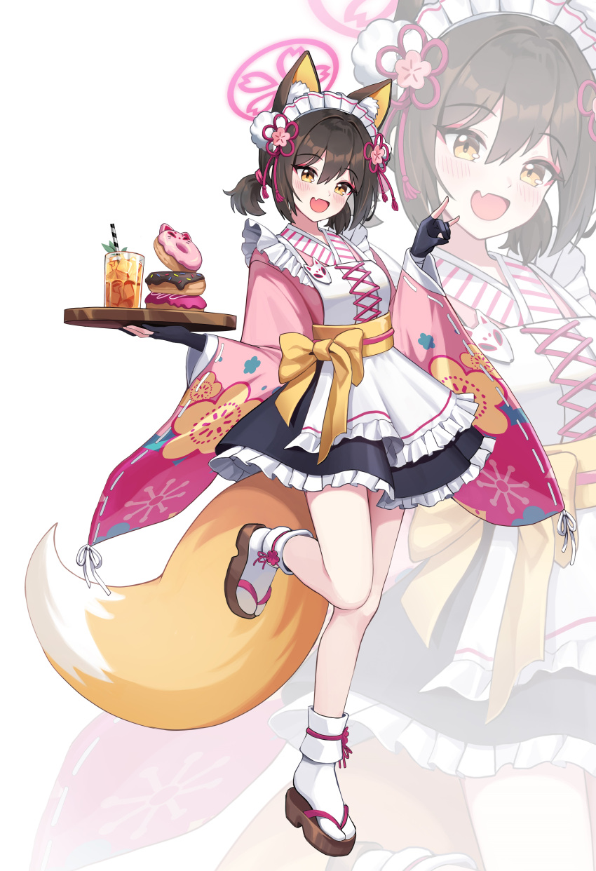 1girl absurdres animal_ear_fluff animal_ears apron arm_up black_gloves black_skirt blue_archive brown_eyes cup doughnut drinking_glass fingerless_gloves food fox_ears fox_girl fox_shadow_puppet fox_tail full_body gloves halo highres izuna_(blue_archive) japanese_clothes kimono leg_up maid_headdress miniskirt okobo open_mouth pink_kimono prock sandals shadow_puppet short_hair short_twintails skirt smile socks solo standing standing_on_one_leg tabi tail thighs tray twintails waitress white_apron white_background white_socks zoom_layer