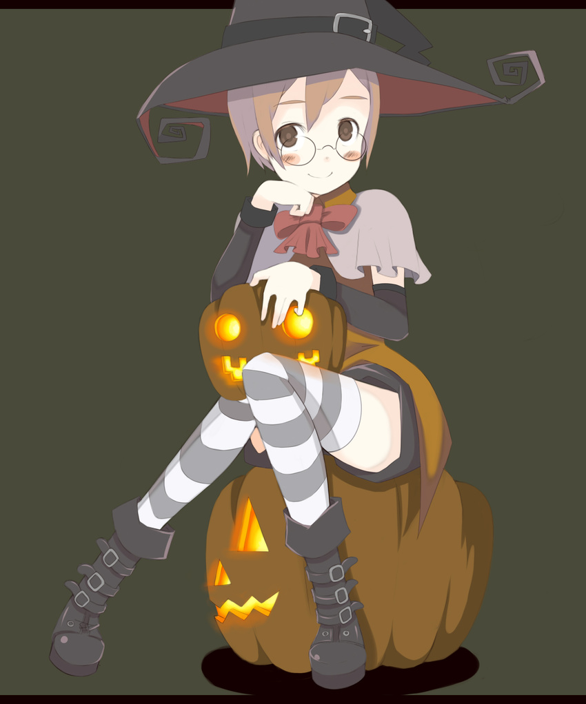 boots brown_eyes brown_hair glasses halloween hat highres jack-o'-lantern original oza_watto pumpkin short_hair smile solo striped striped_legwear thighhighs witch_hat