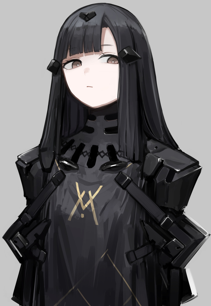 1girl absurdres black_dress black_hair breasts brown_eyes closed_mouth dress girls'_frontline grey_background hair_ornament highres long_hair looking_down nyto_(girls'_frontline) paradeus rampart1028 simple_background small_breasts solo tagme upper_body