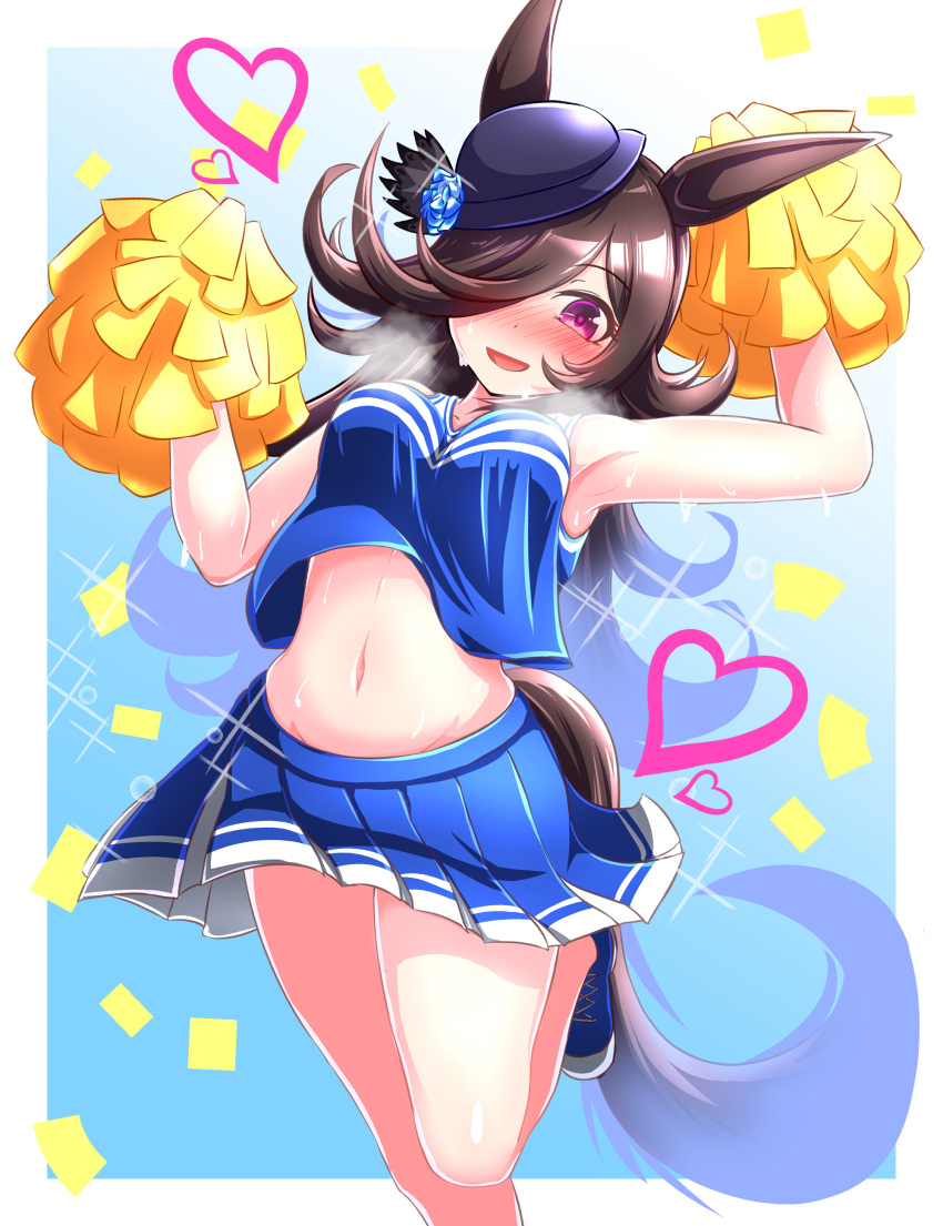 1girl absurdres animal_ears armpits bare_legs blue_background blue_flower blue_headwear blue_rose blue_skirt blush bouncing_breasts breasts brown_hair cheering cheerleader confetti crop_top flower hair_over_one_eye hat hat_flower heart highres holding holding_pom_poms horse_ears horse_girl horse_tail lev_(levls333) light_blue_background long_hair looking_at_viewer medium_breasts midriff miniskirt navel pleated_skirt pom_pom_(cheerleading) purple_eyes rice_shower_(umamusume) rose shoes skirt smile sneakers tail tilted_headwear umamusume