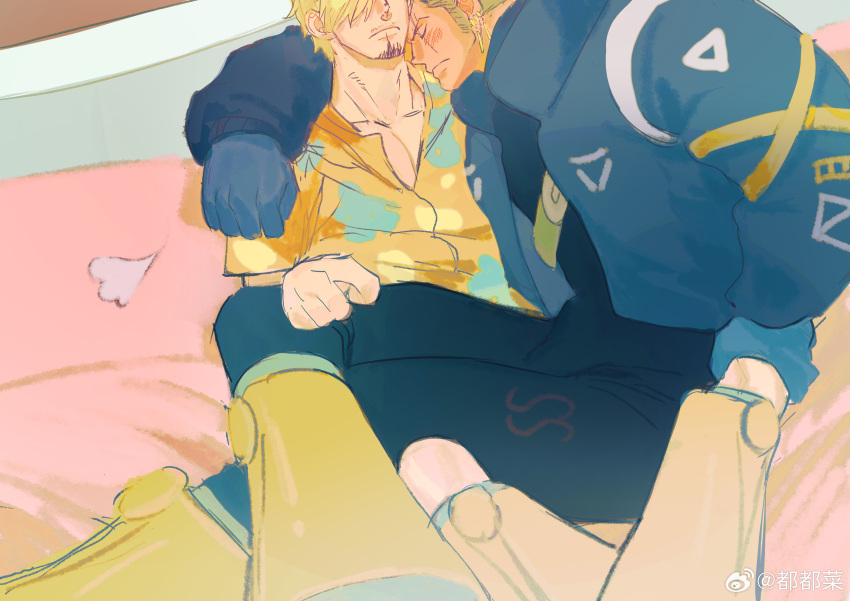 2boys absurdres arm_around_shoulder black_bodysuit blonde_hair blush bodysuit couple cuddling curly_eyebrows facial_hair feet_out_of_frame goatee green_hair hair_over_one_eye highres male_focus multiple_boys official_alternate_costume one_piece pectoral_cleavage pectorals roronoa_zoro sanji_(one_piece) scar scar_across_eye short_hair sitting sitting_on_lap sitting_on_person sweetdou3 toned toned_male yaoi