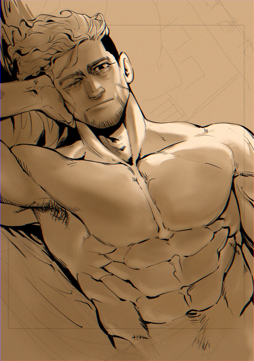 1boy abs armpit_hair armpits bara brown_theme cropped_torso golden_kamuy highres kasuke_(li_tgknk) looking_at_viewer loose_hair_strand lying male_focus mature_male navel nude obliques ogata_hyakunosuke on_bed on_side one_eye_closed pectorals pov_across_bed short_hair sleepy solo thick_eyebrows toned undercut upper_body