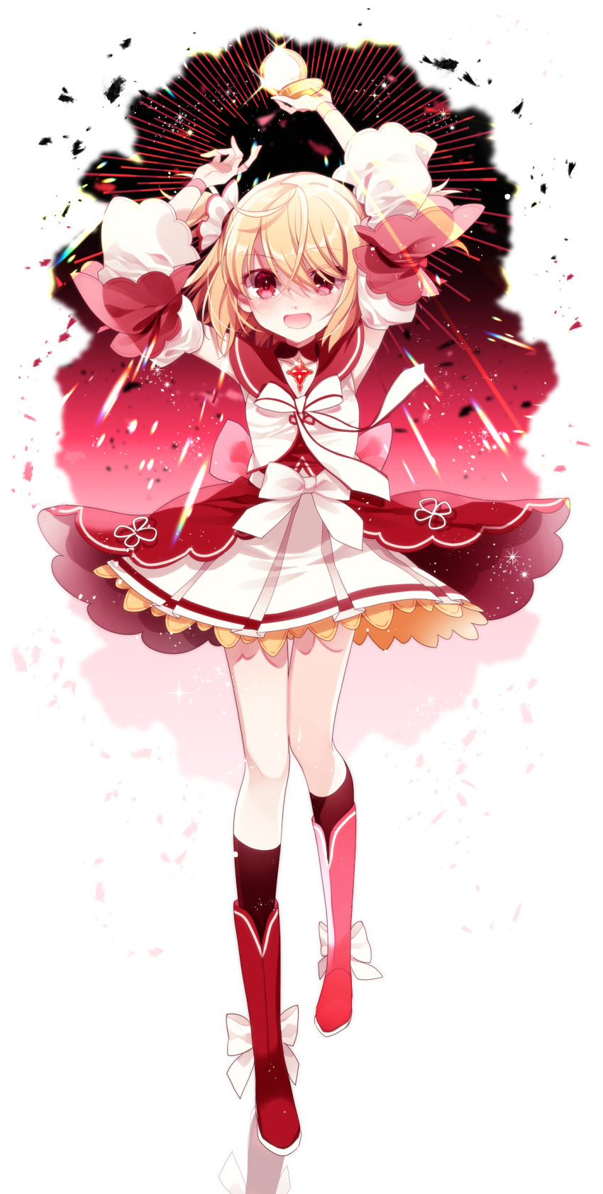 1girl arms_up ayano_rika ayumaru_(art_of_life) blonde_hair boots compact_(cosmetics) detached_sleeves dress frilled_dress frills full_body highres holding holding_compact holding_weapon knee_boots kneehighs long_sleeves looking_at_viewer magia_record:_mahou_shoujo_madoka_magica_gaiden magical_girl mahou_shoujo_madoka_magica open_mouth pleated_dress red_eyes red_footwear red_sailor_collar sailor_collar short_hair smile socks solo standing two_side_up weapon