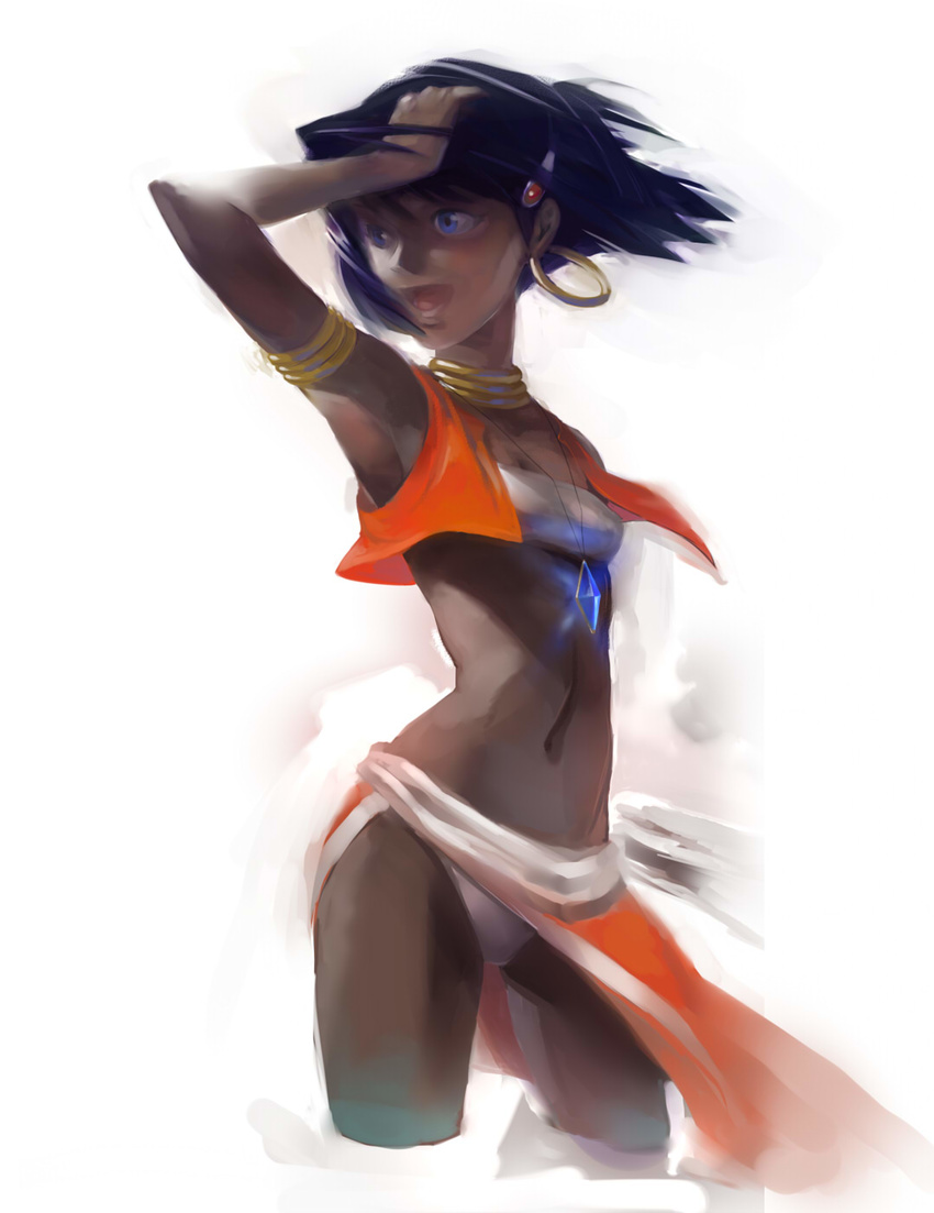 a's armband armpits bad_id bad_pixiv_id bandeau bare_shoulders blue_eyes dark_skin earrings fushigi_no_umi_no_nadia hair_ornament hairclip highres jewelry loincloth midriff nadia neck_ring necklace panties pantyshot purple_hair short_hair solo strapless tubetop underwear vest wind