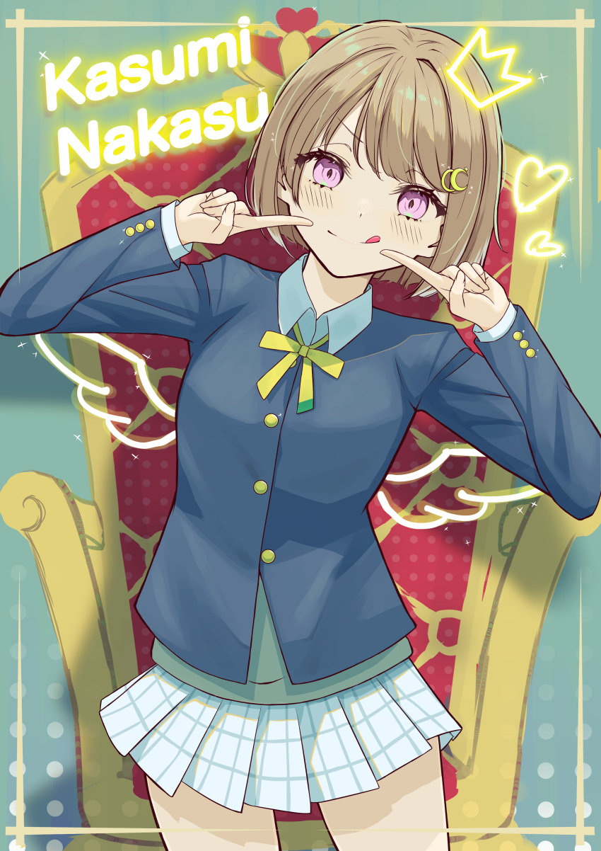 1girl :q absurdres armchair black_jacket blush chair character_name closed_mouth commentary commentary_request crescent crescent_hair_ornament crown drawn_crown drawn_wings fingers_to_cheeks grey_hair hair_ornament highres jacket leaning_to_the_side long_sleeves looking_at_viewer love_live! love_live!_nijigasaki_high_school_idol_club masami_atabe nakasu_kasumi neck_ribbon nijigasaki_academy_school_uniform plaid plaid_skirt pleated_skirt ribbon school_uniform shirt short_hair skirt solo swept_bangs tongue tongue_out upper_body v-shaped_eyebrows white_shirt white_skirt winter_uniform yellow_ribbon