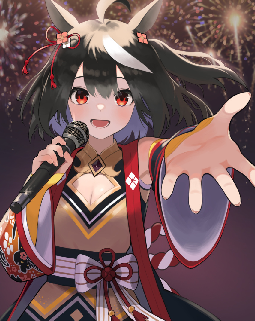 1girl absurdres ahoge animal_ears black_hair breasts cleavage cleavage_cutout clothing_cutout commentary_request detached_sleeves ear_ornament fireworks flower_ornament highres holding holding_microphone horse_ears horse_girl kitasan_black_(umamusume) long_sleeves looking_at_viewer microphone multicolored_hair open_mouth outdoors outstretched_arm outstretched_hand red_eyes red_ribbon ribbon short_hair sigolbyeol smile solo streaked_hair two-tone_hair two_side_up umamusume upper_body white_hair wide_sleeves