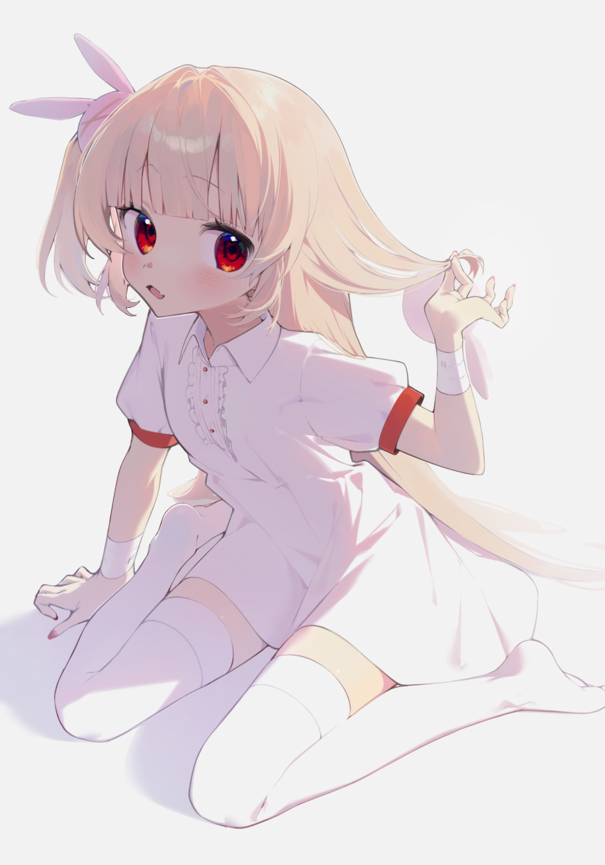 1girl brown_hair collared_dress dress fang hand_in_own_hair highres long_hair nano_(nan0ng) natori_sana on_ground open_mouth red_eyes sana_channel short_sleeves side_ponytail simple_background sitting skin_fang solo thighhighs virtual_youtuber white_background white_dress white_thighhighs