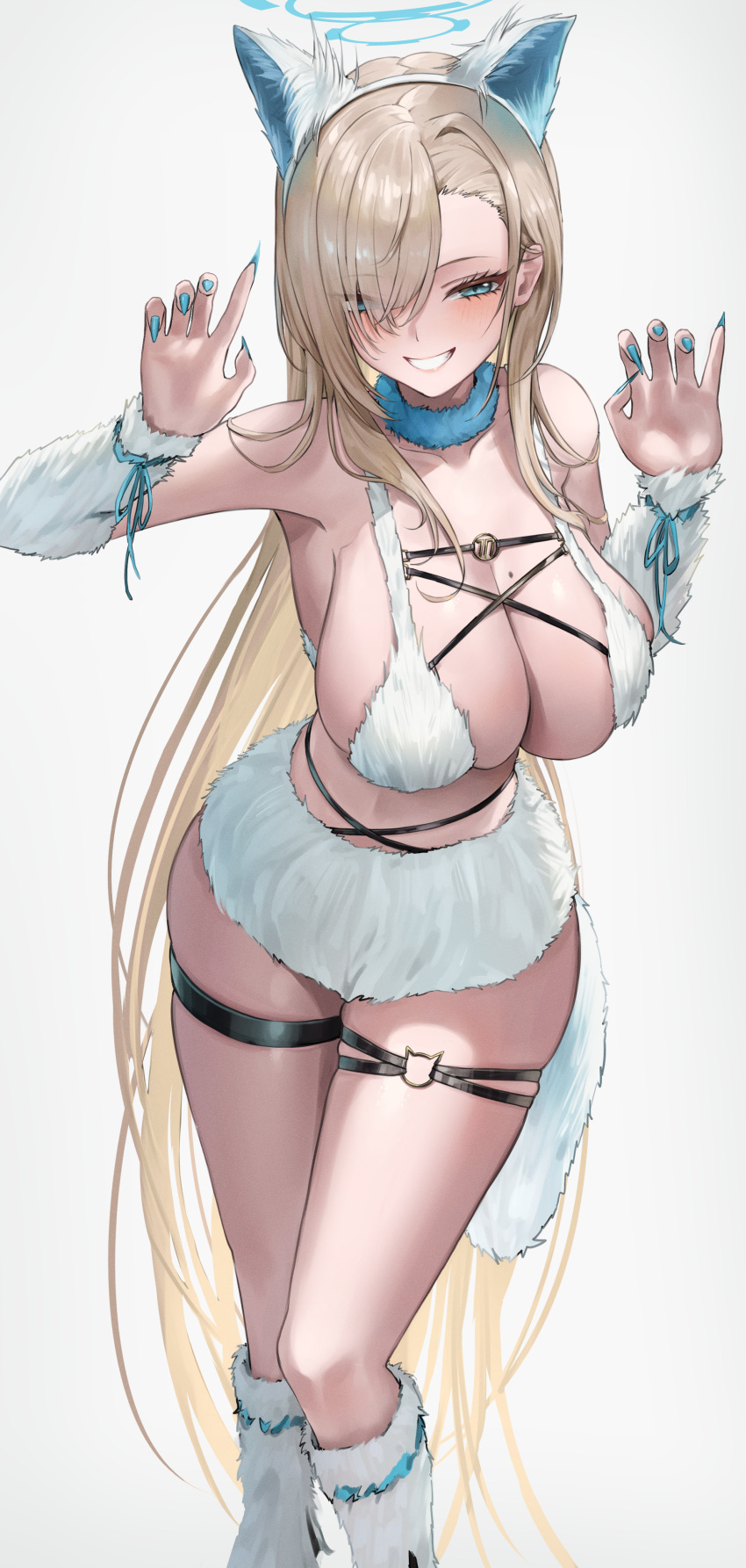 1girl absurdres alternate_costume animal_ears asuna_(blue_archive) blonde_hair blue_archive blue_eyes blue_halo blue_nails blush breasts cleavage commentary_request fake_animal_ears feet_out_of_frame fingernails grin halloween halloween_costume halo highres large_breasts long_fingernails long_hair mole mole_on_breast nail_polish renge_(730) sharp_fingernails sideboob simple_background smile solo tail thigh_strap very_long_hair werewolf werewolf_costume white_background wolf_ears wolf_tail