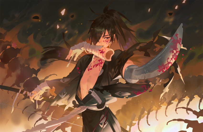 1boy aiming aiming_at_viewer bandages black_hair black_kimono blood blood_on_clothes blood_on_face blood_on_weapon detached_arm dororo_(tezuka) hair_over_one_eye holding holding_sword holding_weapon hyakkimaru_(dororo) japanese_clothes kimono long_hair male_focus one_eye_covered pointing_sword ponytail sawana sheath sheathed sword unsheathed very_long_hair weapon