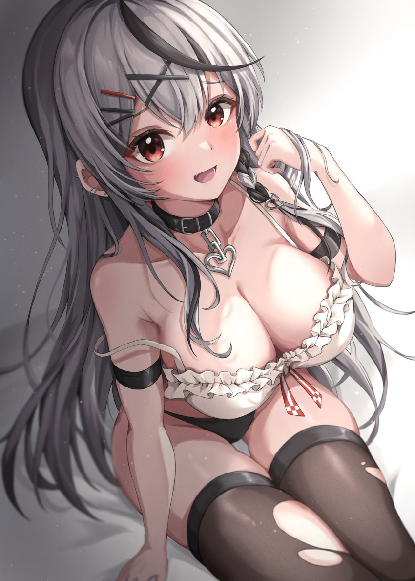 1girl :d bare_shoulders black_panties blush bra breasts choker cleavage collarbone commentary_request ear_piercing earrings eyes_visible_through_hair fang frills gradient_background hair_ornament heart highres hololive jewelry large_breasts long_hair looking_at_viewer open_mouth panties piercing red_eyes revision sakamata_chloe sakamata_chloe_(1st_costume) sitting smile solo strap_slip takuty thighhighs underwear very_long_hair virtual_youtuber