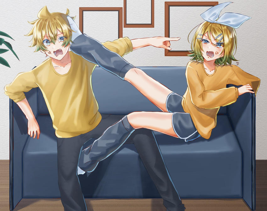 1boy 1girl ahoge anger_vein angry black_pants blue_eyes bow brother_and_sister couch dolphin_shorts fang foot_on_another's_face grey_leg_warmers grey_shorts hair_between_eyes hair_bow hair_ornament hairclip half-closed_eye highres kagamine0928 kagamine_len kagamine_rin kicking long_sleeves medium_hair orange_shirt pants picture_frame pointing pointing_at_another shirt short_hair shorts siblings sleeves_rolled_up spiked_hair twins vocaloid wavy_hair wavy_mouth white_bow wooden_floor yellow_shirt