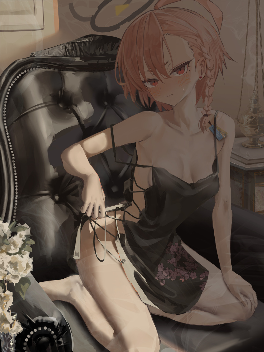 1girl absurdres ahoge ass barefoot black_dress blue_archive braid breasts collarbone commentary_request dress flower halo highres huge_ahoge indoors neru_(blue_archive) red_eyes red_hair short_hair single_braid sitting small_breasts solo susukawa_(susucawa) white_flower