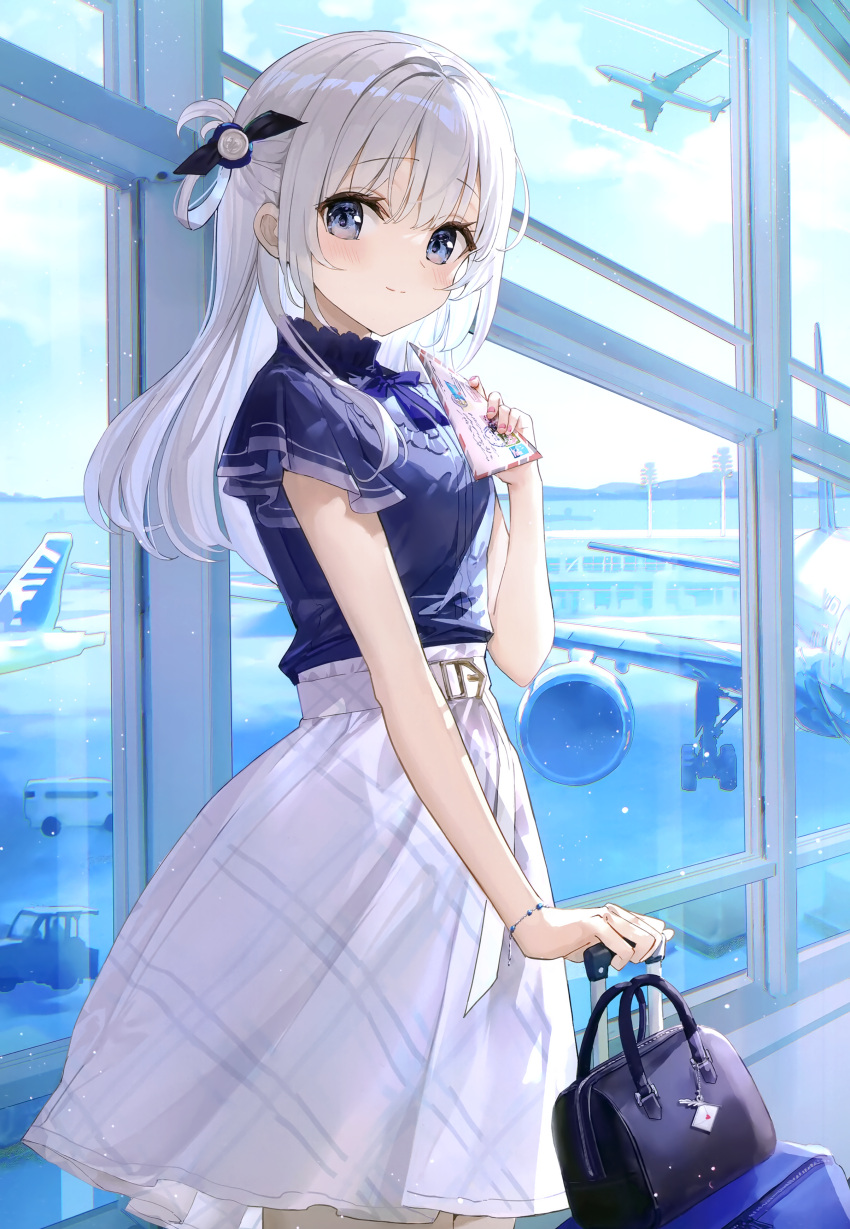 1girl absurdres aircraft airplane airport belt belt_buckle black_bag blue_bow blue_bowtie blue_eyes blue_shirt blue_sky blue_theme bow bowtie breasts buckle closed_mouth cowboy_shot forklift fuumi_(radial_engine) highres holding holding_suitcase holding_ticket light_blush light_particles long_hair looking_at_viewer motor_vehicle mountainous_horizon non-web_source original plaid plaid_skirt reflection rolling_suitcase shirt short_sleeves sidelocks skirt sky small_breasts solo standing suitcase ticket van white_belt white_hair white_skirt window