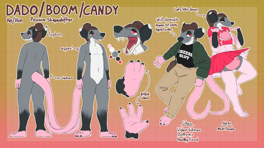 16:9 absurd_res american_opossum anthro clothed clothing dado_(candycanesugar) diaper hi_res maid_uniform mammal marsupial nipples nude pose red_eyes sexotheque text underwear uniform virginia_opossum wearing_diaper widescreen