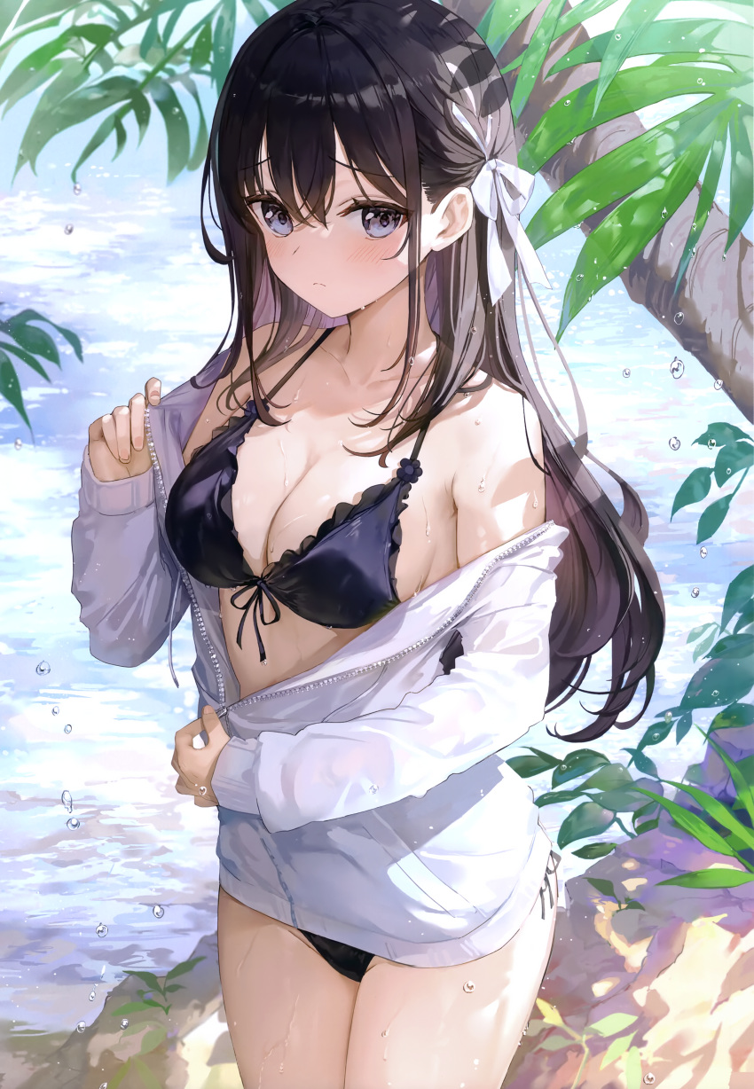 1girl absurdres bikini bikini_under_clothes black_bikini black_hair blurry blush breasts cleavage closed_mouth collarbone cowboy_shot day depth_of_field embarrassed fuumi_(radial_engine) grey_eyes hair_between_eyes hair_ribbon halterneck highres jacket large_breasts leaf light_particles long_hair long_sleeves looking_at_viewer no_pants non-web_source off_shoulder open_clothes original outdoors ribbon scan side-tie_bikini_bottom solo sprout standing string_bikini swimsuit tree unzipped unzipping water water_drop wet white_ribbon zipper zipper_pull_tab