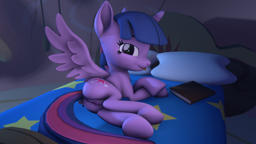 16:9 3d_(artwork) 4k absurd_res bed bedroom book digital_media_(artwork) equid equine female feral friendship_is_magic furniture genitals hasbro hi_res horn horse looking_at_viewer mammal my_little_pony nude pony pussy solo source_filmmaker spread_wings stuffguy123 teasing teasing_viewer tongue tongue_out twilight_sparkle_(mlp) widescreen winged_unicorn wings