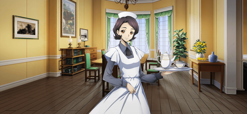 1girl artist_request ascot banana black_ascot book bookshelf breasts brown_hair chair closed_mouth code_geass code_geass:_lost_stories collared_shirt cowboy_shot cup curtains dress flower food fruit game_cg grey_shirt hand_up happy highres holding holding_tray indoors lamp layered_sleeves long_sleeves looking_at_viewer maid maid_headdress non-web_source official_art orange_(fruit) orange_eyes painting_(object) photo_(object) picture_frame plant plate potted_plant rose saucer shinozaki_sayoko shirt short_hair short_over_long_sleeves short_sleeves sidelocks small_breasts smile solo standing table teacup teapot tray white_dress window wooden_floor yellow_flower yellow_rose