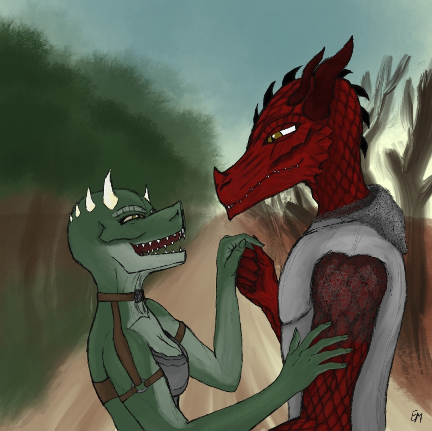 anthro argonian armor barbarian bethesda_softworks cursedtemplar digital_drawing_(artwork) digital_media_(artwork) dragon dragonborn_(dnd) dungeons_and_dragons duo eye_contact female hand_holding hasbro humanoid knight looking_at_another male male/female narrowed_eyes outside paladin scalie smile the_elder_scrolls warrior wizards_of_the_coast