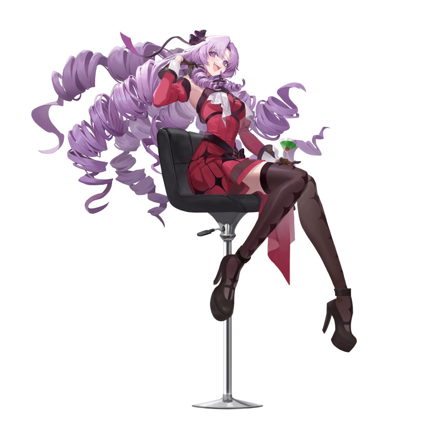 1girl absurdres armpits bar_stool black_footwear black_gloves black_thighhighs cocktail_glass commentary cup dangoose detached_sleeves dress drill_hair drinking_glass full_body gloves half_gloves high_heels highres hyakumantenbara_salome long_hair nijisanji on_stool open_mouth purple_eyes purple_hair red_dress simple_background sitting smile solo stool symbol-only_commentary thighhighs thighs very_long_hair virtual_youtuber white_background zettai_ryouiki