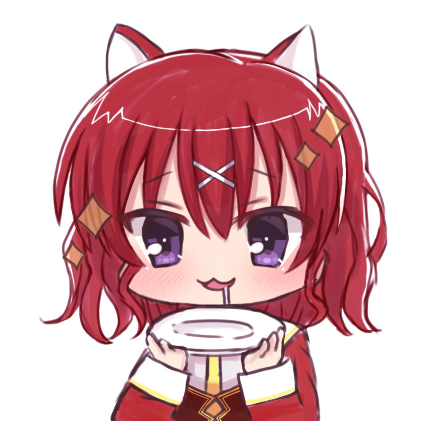 1girl :3 amairo_islenauts animal_ears blush chibi commentary drooling excited hair_between_eyes hair_ornament hands_up highres holding holding_plate hungry long_sleeves looking_at_viewer mahigu_re masaki_gaillard medium_hair mouth_drool open_mouth plate purple_eyes red_hair school_uniform smile solo sparkle upper_body wolf_ears wolf_girl x_hair_ornament