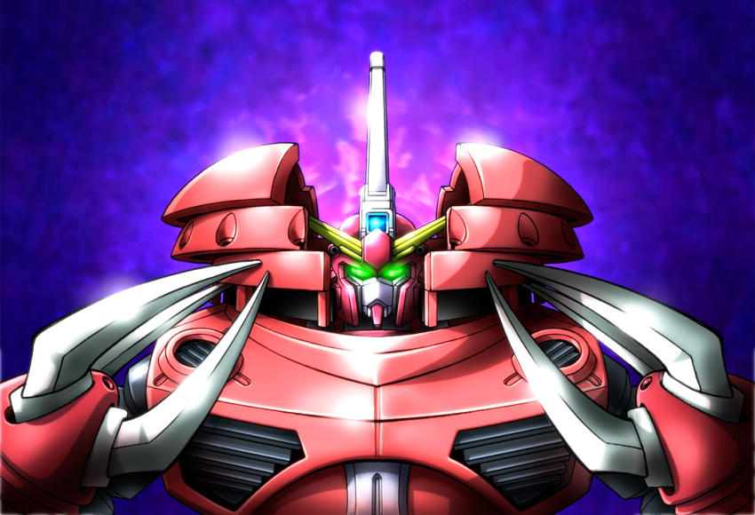 asunaro_(asunar5zng) claws commentary disguise glowing glowing_eyes green_eyes gundam gundam_seed gundam_seed_freedom infinite_justice_gundam_type_ii looking_at_viewer mecha no_humans purple_background robot science_fiction solo upper_body v-fin z'gok_(seed)