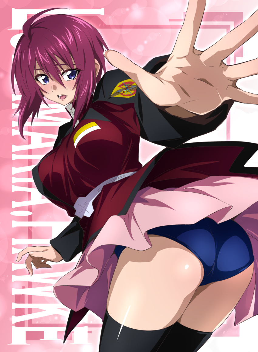 1girl ahoge ass black_thighhighs blue_eyes blue_panties breasts buruma character_name cowboy_shot gundam gundam_seed gundam_seed_destiny hair_between_eyes highres jacket long_sleeves lunamaria_hawke military military_uniform nakahira_guy open_mouth panties pink_background pink_skirt puffy_long_sleeves puffy_sleeves red_hair red_jacket short_hair shy skirt solo thighhighs underwear uniform wind wind_lift