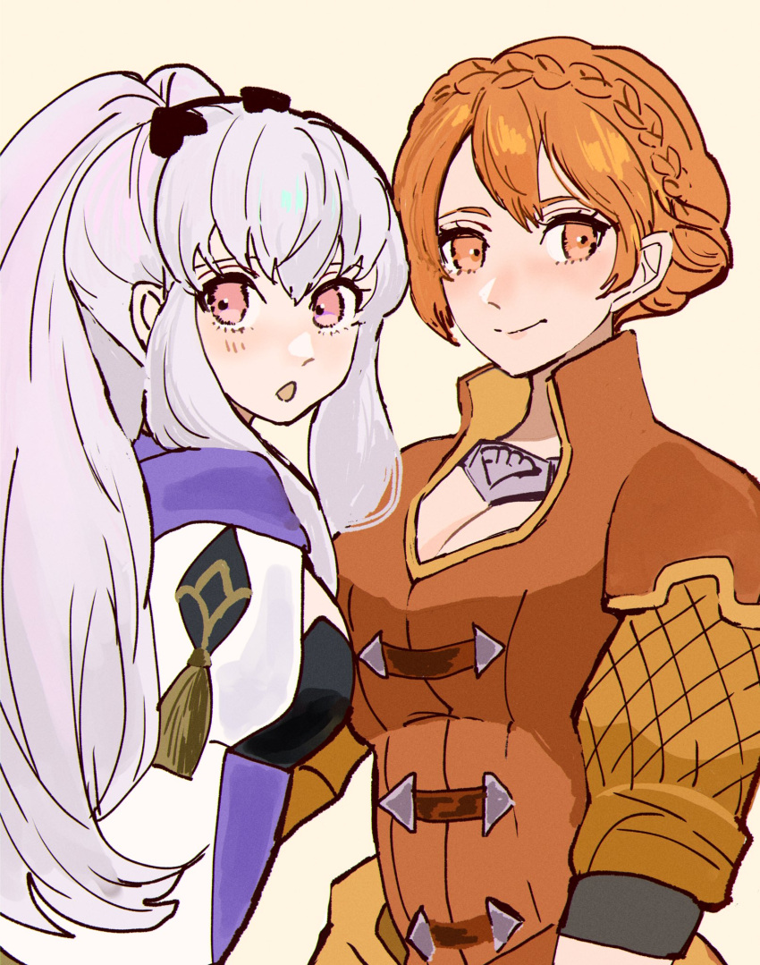 2girls alternate_hairstyle braid breasts chimney_(chimney0311) cleavage fire_emblem fire_emblem:_three_houses highres leonie_pinelli lysithea_von_ordelia medium_breasts multiple_girls orange_eyes orange_hair pink_eyes ponytail simple_background white_hair