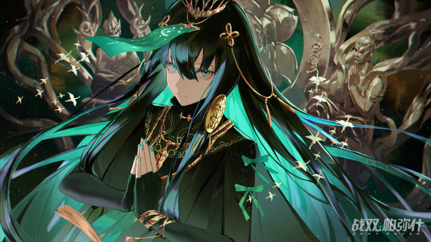 1girl black_hair bracelet copyright_name green_hair green_nails hair_ornament highres jewelry logo long_hair multicolored_hair nail_polish official_art own_hands_together punishing:_gray_raven qu_(punishing:_gray_raven) second-party_source solo two-tone_hair