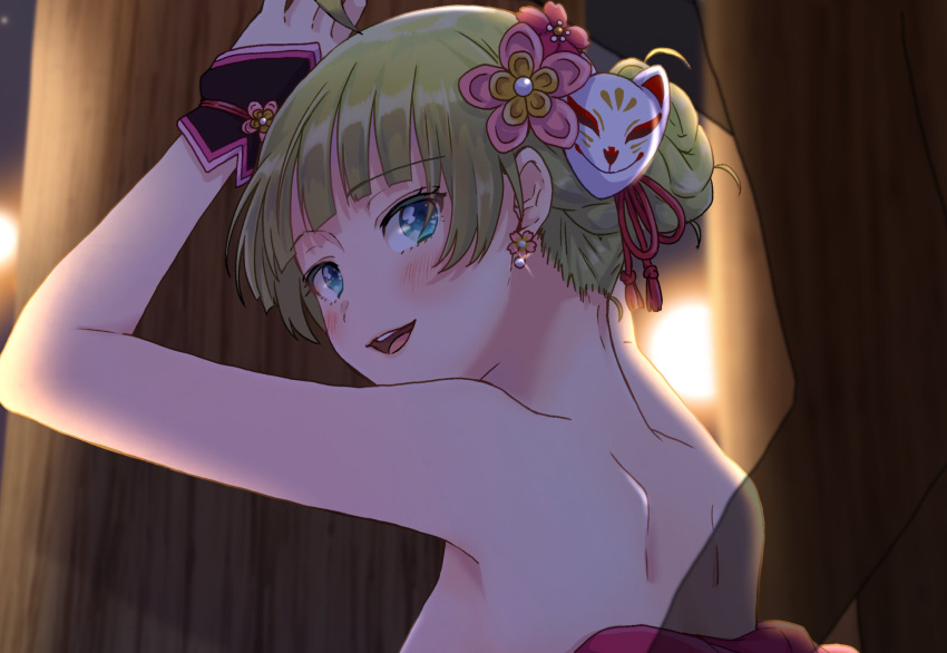 1girl 1other aqua_eyes arms_up black_wristband blunt_bangs blush breasts commentary_request commission earrings eyelashes festival flower flower_earrings fox_mask from_behind green_hair hair_bun hair_flower hair_ornament head_out_of_frame highres idolmaster idolmaster_million_live! implied_sex jewelry looking_at_viewer looking_back mask mask_on_head night nude open_mouth outdoors pink_flower short_hair shoulder_blades sideboob silhouette single_side_bun skeb_commission smile solo_focus teeth upper_body upper_teeth_only white_mask witoi_(roa)