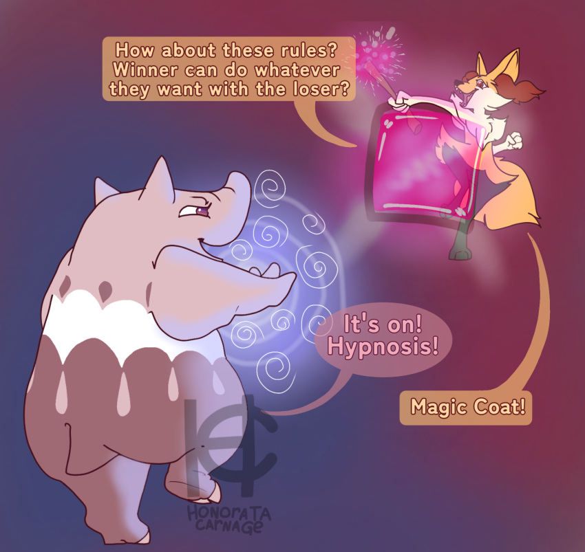 amarena_(honoratacarnage) ambiguous_gender anthro betting braixen dialogue drowzee duo english_text fan_character female fight fighting_pose generation_1_pokemon generation_6_pokemon greeting hi_res honoratacarnage intersex intersex/female magic nintendo pokemon pokemon_(species) pose shaded simple_background simple_shading smile smiling_at_each_other smiling_at_partner text watermark
