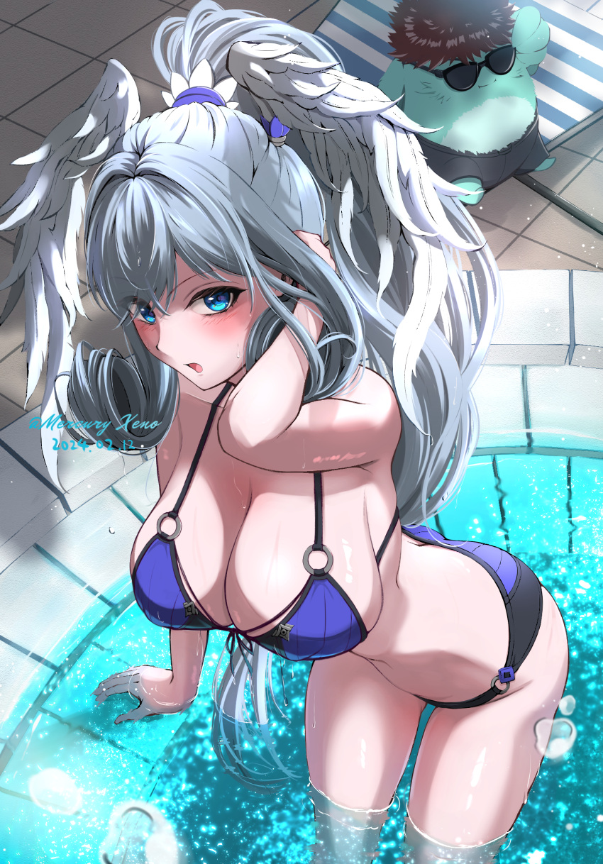 1girl absurdres ass bikini blue_eyes blush breasts curly_hair grey_hair head_wings highres large_breasts melia_antiqua mercury_xeno nopon ponytail riku_(xenoblade) sunglasses swimsuit water white_hair wings xenoblade_chronicles_(series) xenoblade_chronicles_1 xenoblade_chronicles_3