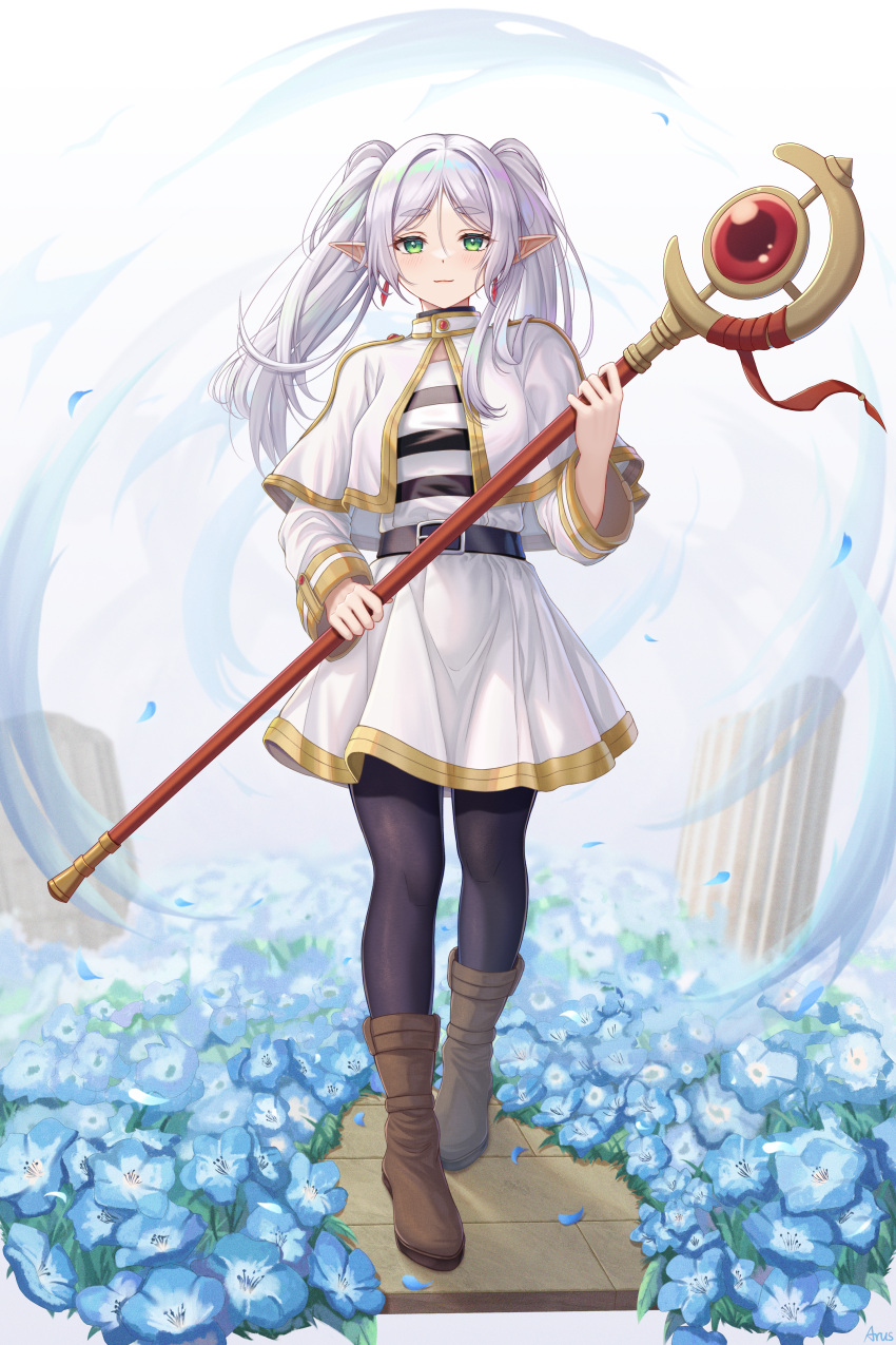 1girl absurdres arus belt blue_flower boots capelet dangle_earrings earrings elf flower frieren gold_trim green_eyes highres jewelry light_smile long_hair looking_at_viewer mage_staff pantyhose pointy_ears shirt skirt solo sousou_no_frieren striped_clothes striped_shirt thick_eyebrows twintails white_capelet white_hair white_skirt