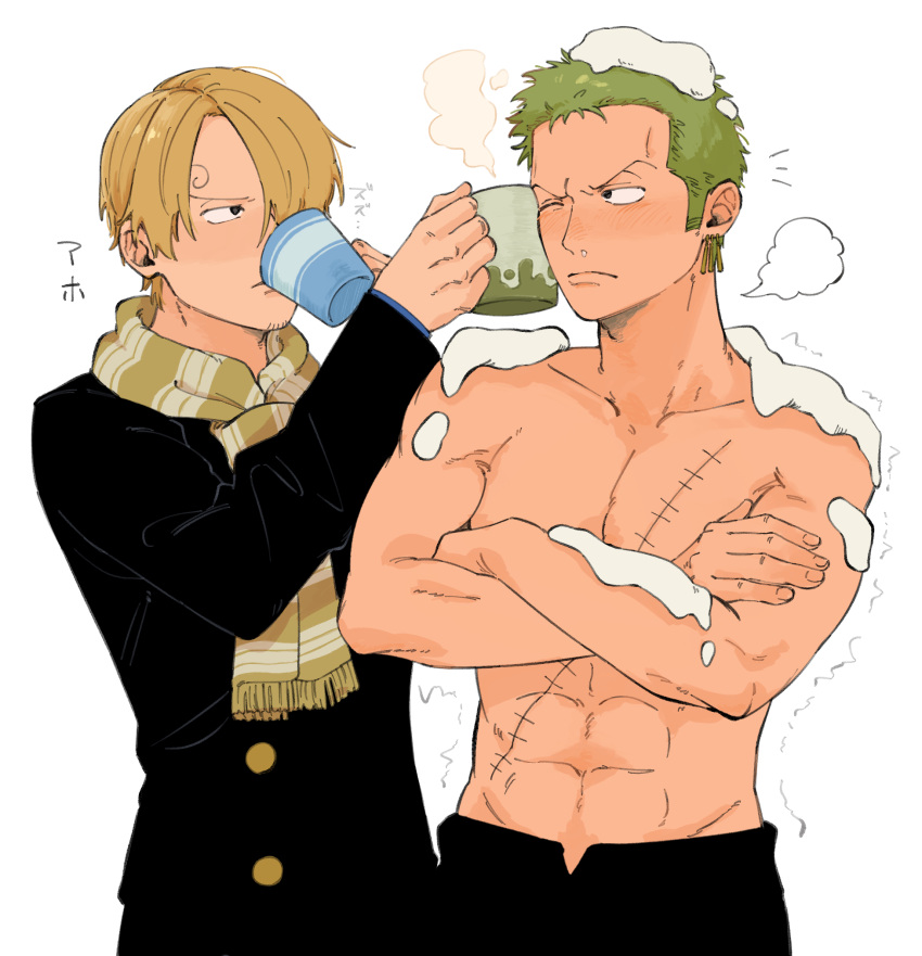 2boys abs annoyed black_coat black_pants blonde_hair blush buttons coat collarbone commentary cropped_legs crossed_arms cup curly_eyebrows drinking earrings facial_hair green_hair hair_over_one_eye highres holding holding_cup iqracha jewelry long_bangs looking_at_another male_focus multiple_boys muscular muscular_male one_eye_closed one_piece pants roronoa_zoro sanji_(one_piece) scar scar_on_chest scarf short_hair simple_background single_earring snot snow snow_on_body snow_on_head steam stubble topless_male translated trembling v-shaped_eyebrows white_background yellow_scarf