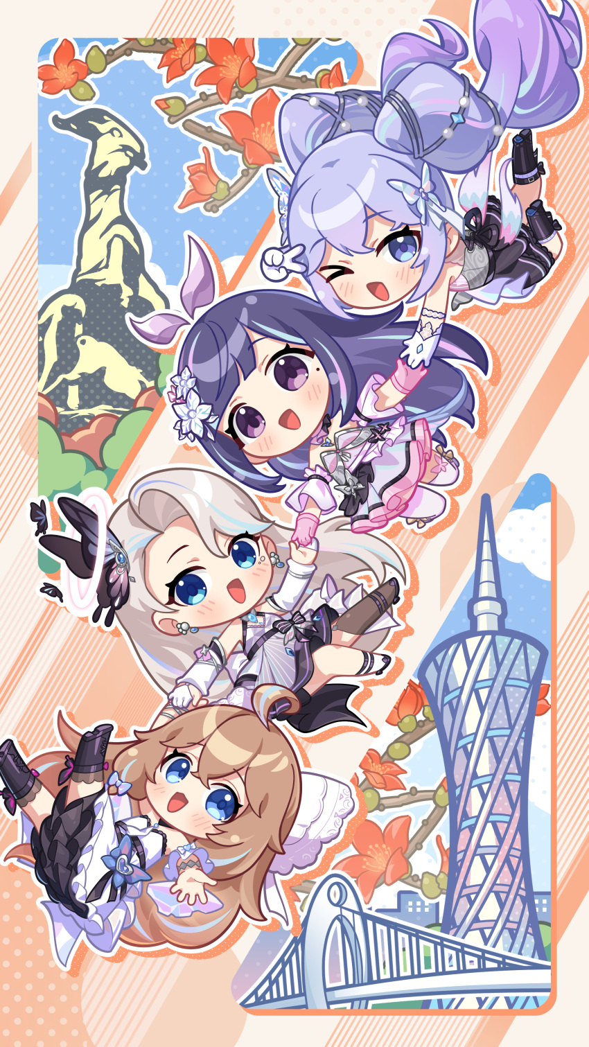 &gt;_o :d ;d a-soul absurdres ava_(a-soul) bella_(a-soul) black_footwear black_thighhighs blonde_hair blue_eyes blue_hair border brown_hair canton_tower chibi cotton_tree diana_(a-soul) dress eileen_(a-soul) five_ram_statue flower gloves guangzhou highres holding_hands idol_clothes long_hair official_art one_eye_closed orange_border pink_dress pink_gloves purple_eyes purple_hair red_flower single_thighhigh smile suspension_bridge thighhighs twintails white_dress white_gloves