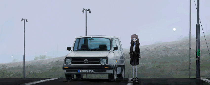 1girl absurdres arms_at_sides black_cardigan black_skirt blue_eyes blue_ribbon brown_hair car cardigan collared_shirt commentary day dress_shirt english_commentary fog full_moon grass hairo_(r228n) highres hill lamppost long_hair long_sleeves looking_at_viewer moon moon_in_daylight motor_vehicle neck_ribbon open_cardigan open_clothes original outdoors pantyhose parking_lot ribbon scenery shirt shirt_tucked_in shoes skirt sneakers solo standing white_pantyhose white_shirt wide_shot