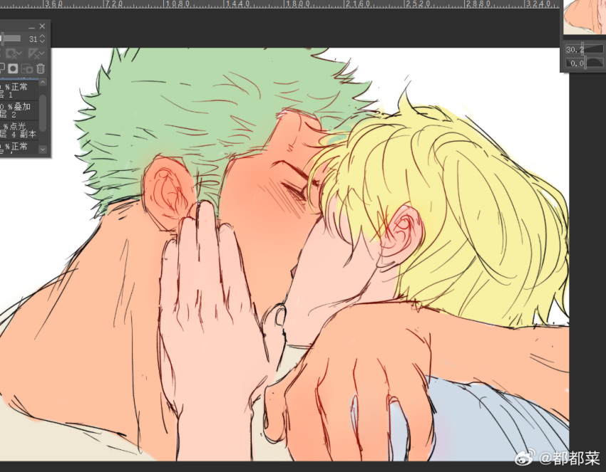2boys art_program_in_frame blonde_hair blush close-up closed_eyes couple curly_eyebrows dark-skinned_male dark_skin green_hair hand_on_another's_cheek hand_on_another's_face kiss male_focus multiple_boys one_piece roronoa_zoro sanji_(one_piece) short_hair sketch sweetdou3 tongue unfinished yaoi