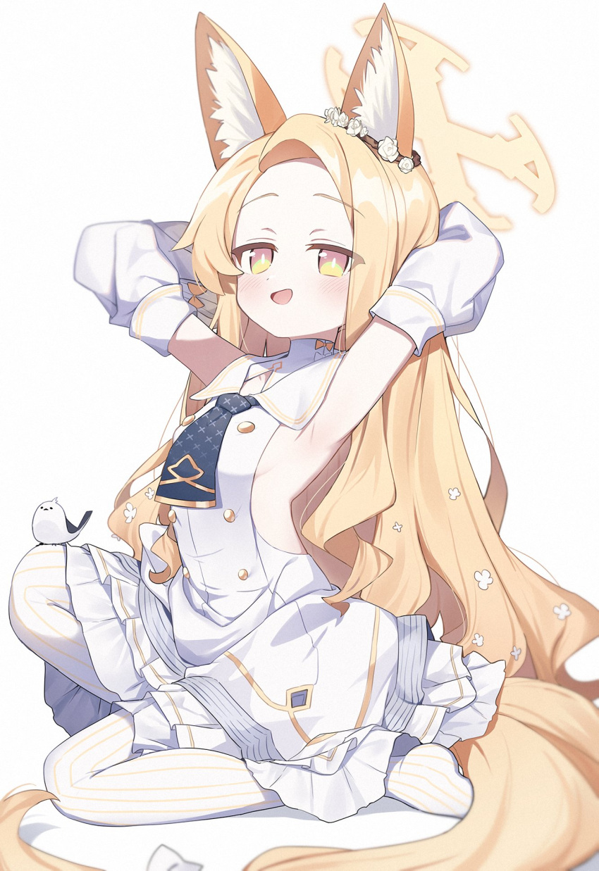 1girl animal_ears armpits bare_shoulders blonde_hair blue_archive blush breasts detached_sleeves dress fox_ears halo highres long_hair looking_at_viewer open_mouth pantyhose seia_(blue_archive) simple_background small_breasts smile solo striped_clothes striped_pantyhose vertical-striped_clothes vertical-striped_pantyhose wagashi928 white_background white_dress white_pantyhose white_sleeves yellow_eyes yellow_halo