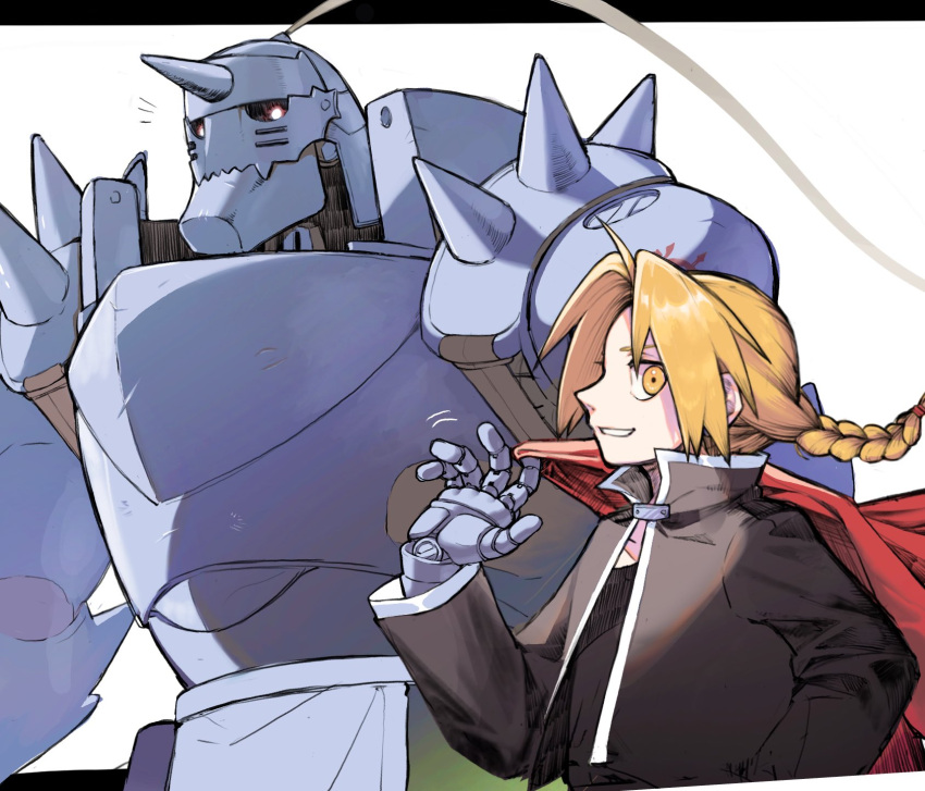 2boys ahoge alphonse_elric armor automail black_jacket blonde_hair braid brothers edward_elric full_armor fullmetal_alchemist grin highres jacket kero8080 long_hair looking_at_viewer male_focus multiple_boys notice_lines orange_eyes prosthesis prosthetic_arm siblings simple_background single_braid smile white_background