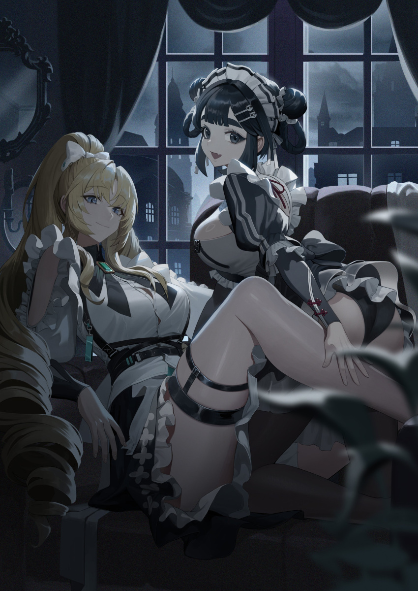 2girls absurdres black_eyes black_hair black_panties black_thighhighs blonde_hair blue_eyes bow breasts brooch candelabra candlestand chest_harness cityscape closed_mouth clothing_cutout dangoose english_commentary fang hair_bow hair_ornament hair_rings hair_scrunchie harness high_ponytail highres jewelry juliet_sleeves kneeling large_breasts long_sleeves looking_at_viewer maid maid_headdress mirror multiple_girls night open_mouth original panda_hair_ornament panties puffy_sleeves scrunchie shoulder_cutout sitting skin_fang smile thick_eyebrows thigh_strap thighhighs thighs underwear white_bow white_scrunchie window