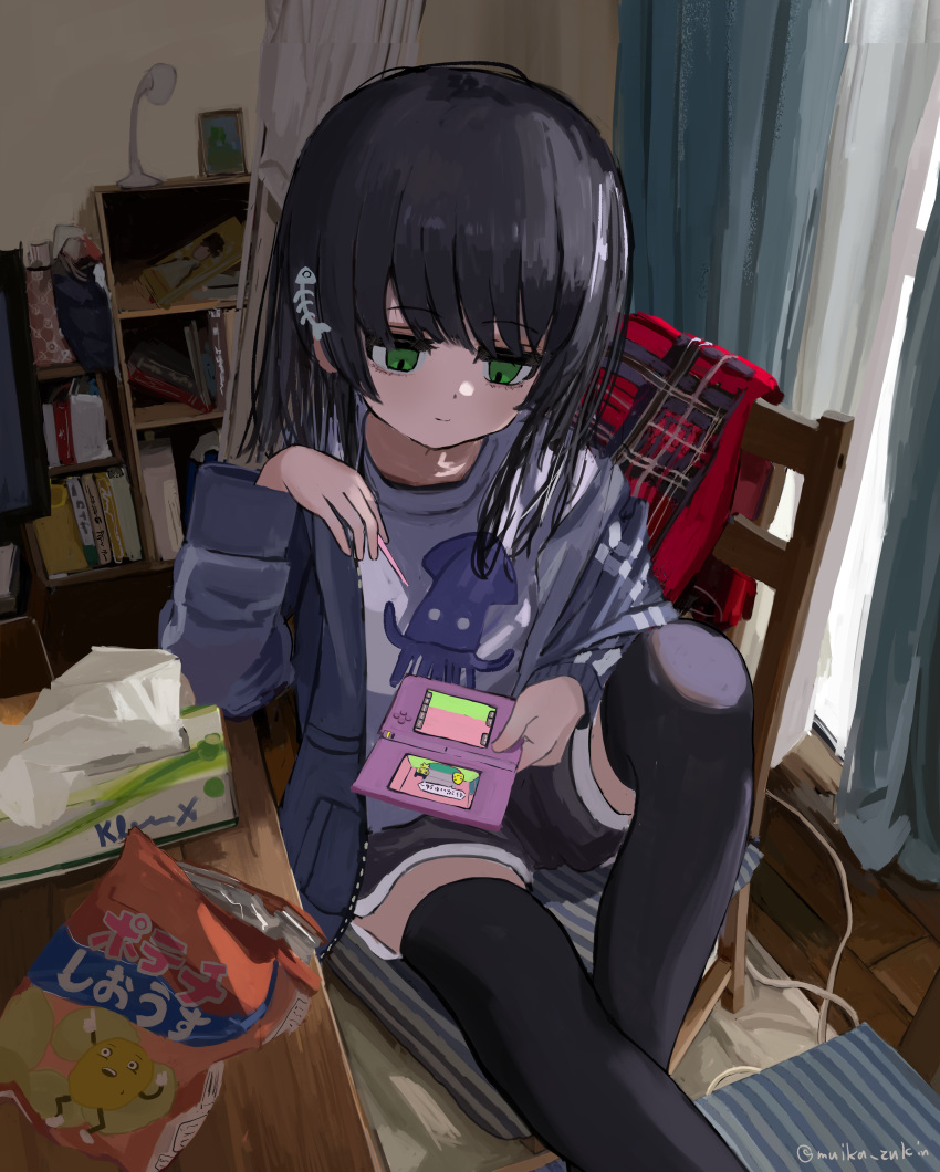 1girl absurdres black_hair chips_(food) fish_bone food handheld_game_console highres indoors jitome light_smile long_hair muika_zukin nintendo_ds original potato_chips short_shorts shorts sitting solo thighhighs tissue_box