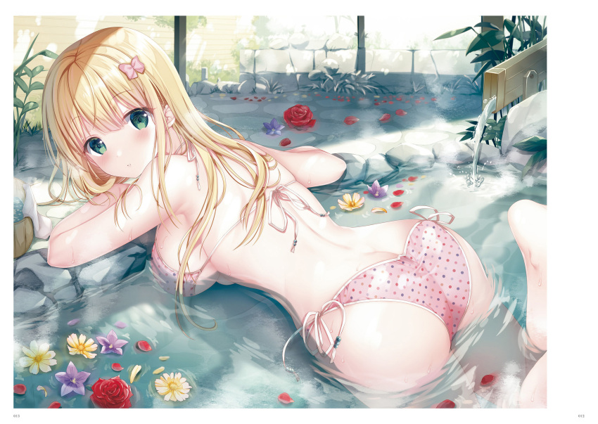 1girl ass back bare_arms barefoot bikini blonde_hair blush border bow breasts day flower grass green_eyes hair_bow highres inagaki_minami large_breasts legs_up long_hair looking_at_viewer looking_back non-web_source onsen page_number parted_lips partially_submerged pink_bikini pink_bow plant polka_dot polka_dot_bikini pouring purple_flower red_flower red_rose rock rose sideboob sidelocks soles solo sousouman splashing steam stone_floor sunlight swimsuit twinbox_school underboob white_border yellow_flower