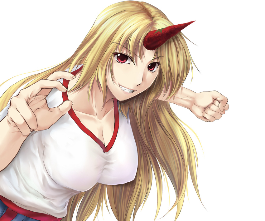 bad_id bad_pixiv_id blonde_hair breasts cleavage clenched_hand collarbone grin horn hoshiguma_yuugi large_breasts long_hair red_eyes ryuushou smile solo touhou