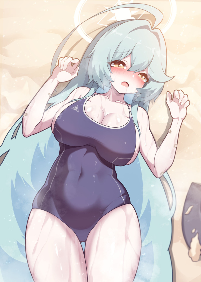 1girl abydos_high_school_swimsuit ahoge bandaid bare_arms bare_legs bare_shoulders black_one-piece_swimsuit blue_archive blush breasts cleavage collarbone covered_navel cowboy_shot fuyu_no_usagi green_hair hair_between_eyes halo highres huge_ahoge large_breasts long_hair lying on_back one-piece_swimsuit open_mouth school_uniform solo sweat swimsuit thigh_gap yellow_eyes yellow_halo yume_(blue_archive)