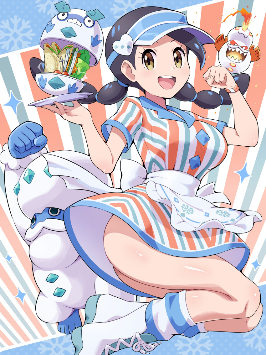 1girl absurdres apron ass black_hair boots breasts brown_hair candice_(pokemon) cherry_tomato clenched_hand collared_dress dress galarian_darmanitan highres holding holding_tray large_breasts lettuce long_hair looking_at_viewer midair official_alternate_costume open_mouth pokemoa pokemon pokemon_(creature) pokemon_dppt short_sleeves smile taco teeth tomato tongue tortilla tray upper_teeth_only visor_cap waitress watch white_apron wristwatch