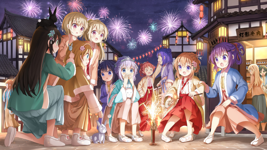 &gt;_&lt; 6+girls :d absurdres aerial_fireworks angora_rabbit animal anko_(gochiusa) aoyama_blue_mountain black_hair black_skirt blonde_hair blue_hair blush brown_capelet brown_hair brown_skirt building capelet closed_eyes closed_mouth cloud commentary_request covered_mouth fireworks fuiba_fuyu fur-trimmed_capelet fur-trimmed_sleeves fur_trim gochuumon_wa_usagi_desu_ka? green_eyes grey_skirt hair_between_eyes hair_ornament headpiece highres hoto_cocoa hoto_mocha jinja_eru jinja_natsume jouga_maya kafuu_chino kirima_syaro long_hair long_sleeves mate_rin multiple_girls natsu_megumi night night_sky outdoors peeking_out pleated_skirt profile purple_eyes purple_hair rabbit red_eyes red_hair red_skirt sign skirt sky smile squatting stick_jitb tedeza_rize tippy_(gochiusa) translation_request ujimatsu_chiya v-shaped_eyebrows very_long_hair wild_geese x_hair_ornament