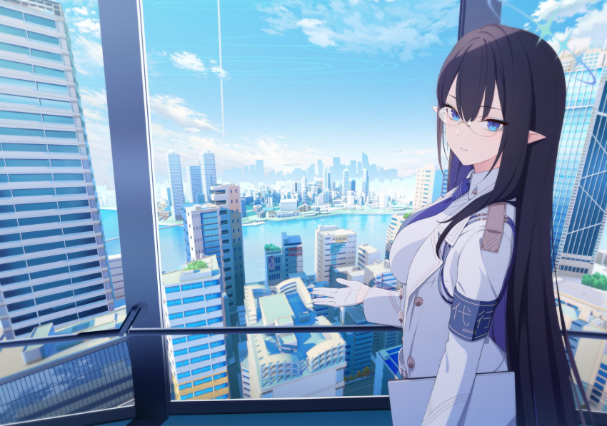 1girl armband asymmetrical_sidelocks black_hair blue_archive blue_armband blue_eyeliner blue_eyes blue_halo blue_necktie blue_sky building city cityscape cloud coat cowboy_shot eyeliner from_side game_cg glasses gloves hair_between_eyes halo handrail highres landscape long_hair long_sleeves looking_at_viewer looking_to_the_side makeup necktie non-web_source official_art outstretched_hand parted_lips pointy_ears rimless_eyewear rin_(blue_archive) river sky skyline skyscraper slit_pupils solo very_long_hair white_coat white_gloves window