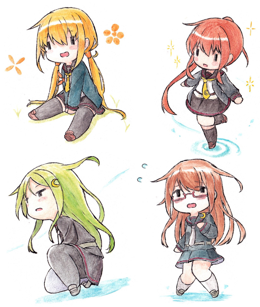 4girls black_pantyhose black_sailor_collar black_serafuku black_skirt black_socks black_thighhighs blonde_hair blush brown_hair chibi crescent crescent_hair_ornament flying_sweatdrops fumizuki_(kancolle) glasses green_hair hair_ornament highres kantai_collection leg_up long_hair long_sleeves low_twintails mochizuki_(kancolle) multiple_girls nagatsuki_(kancolle) open_mouth pantyhose pleated_skirt poipoi_purin ponytail red-framed_eyewear sailor_collar satsuki_(kancolle) school_uniform serafuku sitting skirt socks thighhighs twintails very_long_hair