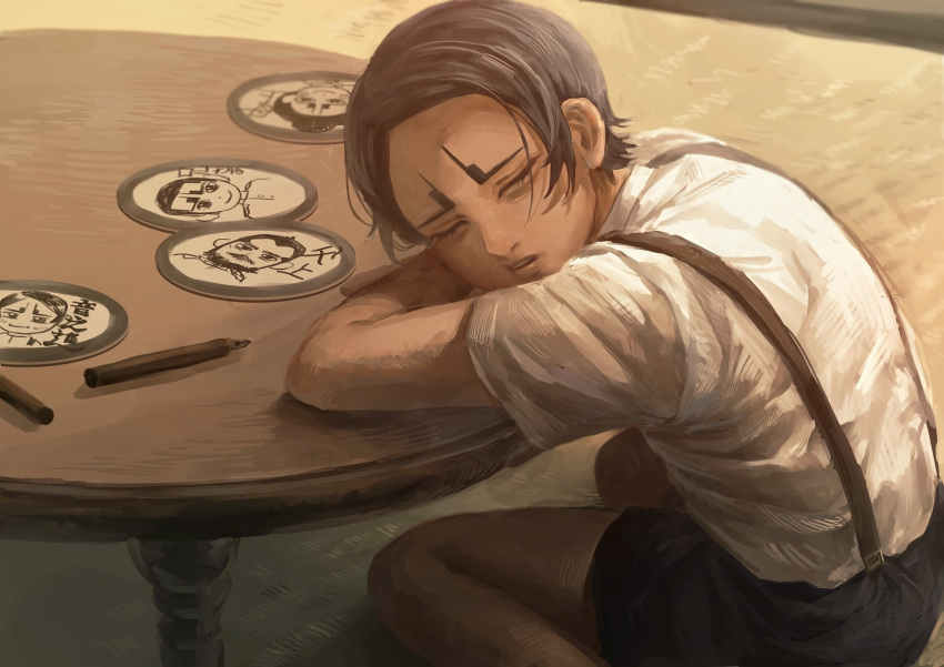 1boy aged_down arm_pillow arms_on_table black_hair black_shorts child closed_eyes commentary_request dark-skinned_male dark_skin day drawing_(object) facing_to_the_side facing_viewer feet_out_of_frame from_side golden_kamuy head_on_table highres koito_heiji koito_heinojou koito_otonoshin koito_yuki male_focus marker open_mouth osakanaman_7 shirt short_hair short_sleeves shorts sitting sleeping sleeping_upright solo suspender_shorts suspenders swept_bangs table thick_eyebrows translated white_shirt