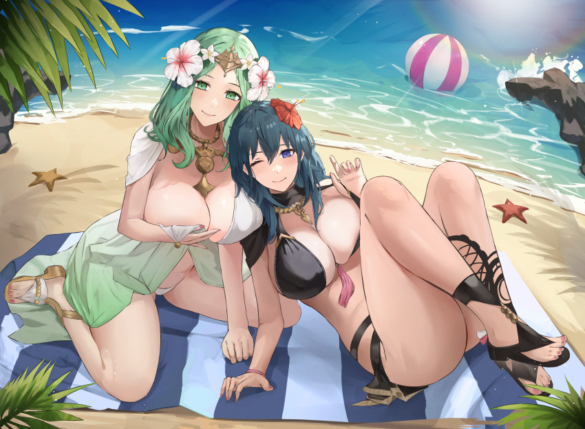 2girls absurdres ball beach beach_towel beachball bikini breasts byleth_(female)_(fire_emblem) byleth_(female)_(summer)_(fire_emblem) byleth_(fire_emblem) cleavage commission commissioner_upload elvandec feet fire_emblem fire_emblem:_three_houses fire_emblem_heroes flower full_body green_eyes green_hair hair_flower hair_ornament highres large_breasts looking_at_viewer multiple_girls official_alternate_costume one_eye_closed rhea_(fire_emblem) rhea_(summer)_(fire_emblem) smile swimsuit towel vgen_commission water