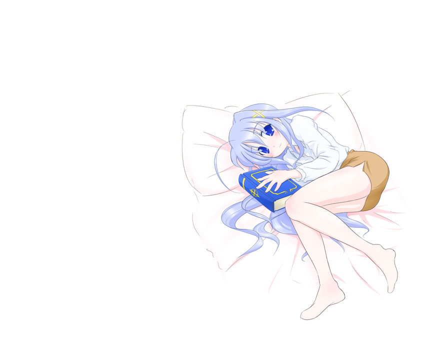 bed blue_eyes blush book book_of_the_azure_sky full_body hair_ornament looking_at_viewer lyrical_nanoha mahou_shoujo_lyrical_nanoha_strikers pillow reinforce_zwei short_hair silver_hair simple_background solo white_background x_hair_ornament